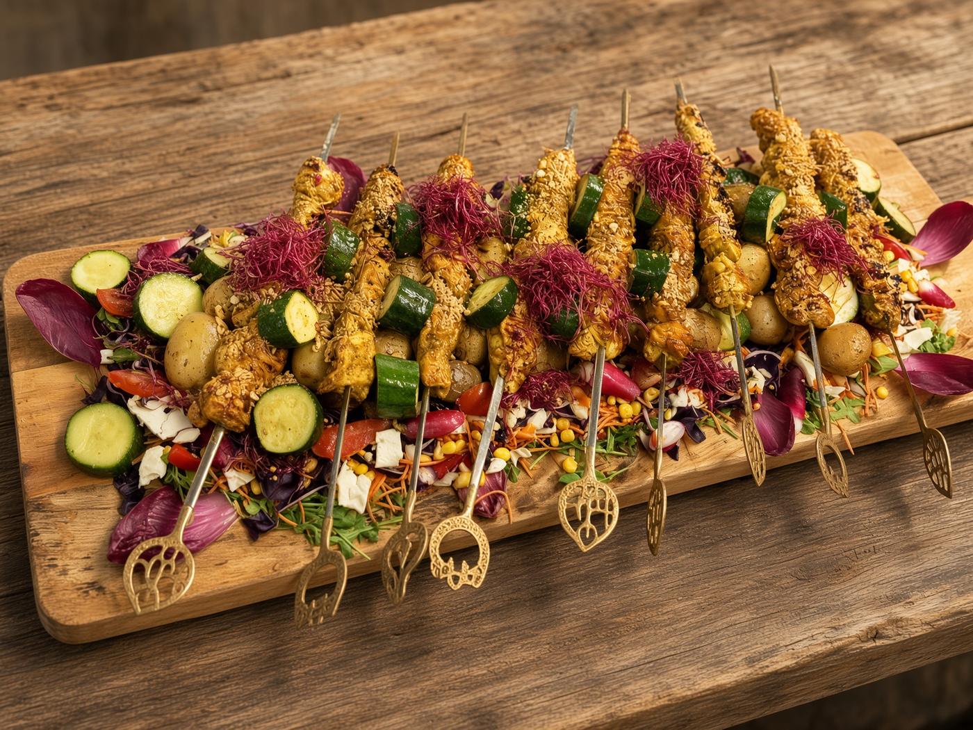 Planche de pics de poulet marinés, légumes grillés et pommes de terre